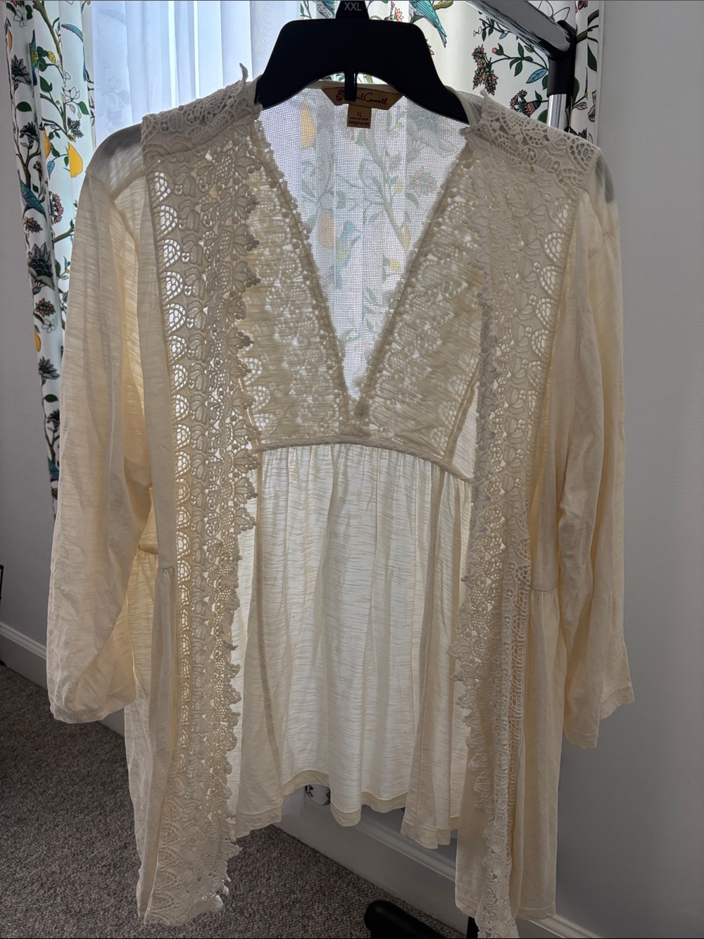 April Cornell Cream Crochet-Trim Peasant Cardigan